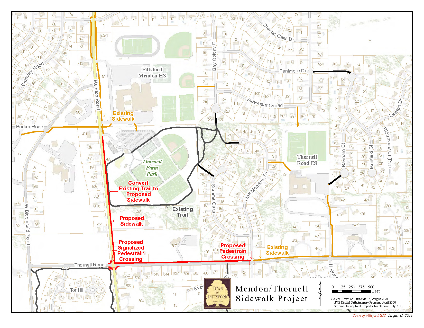 Map of Mendon-Thornell sidewalk project area